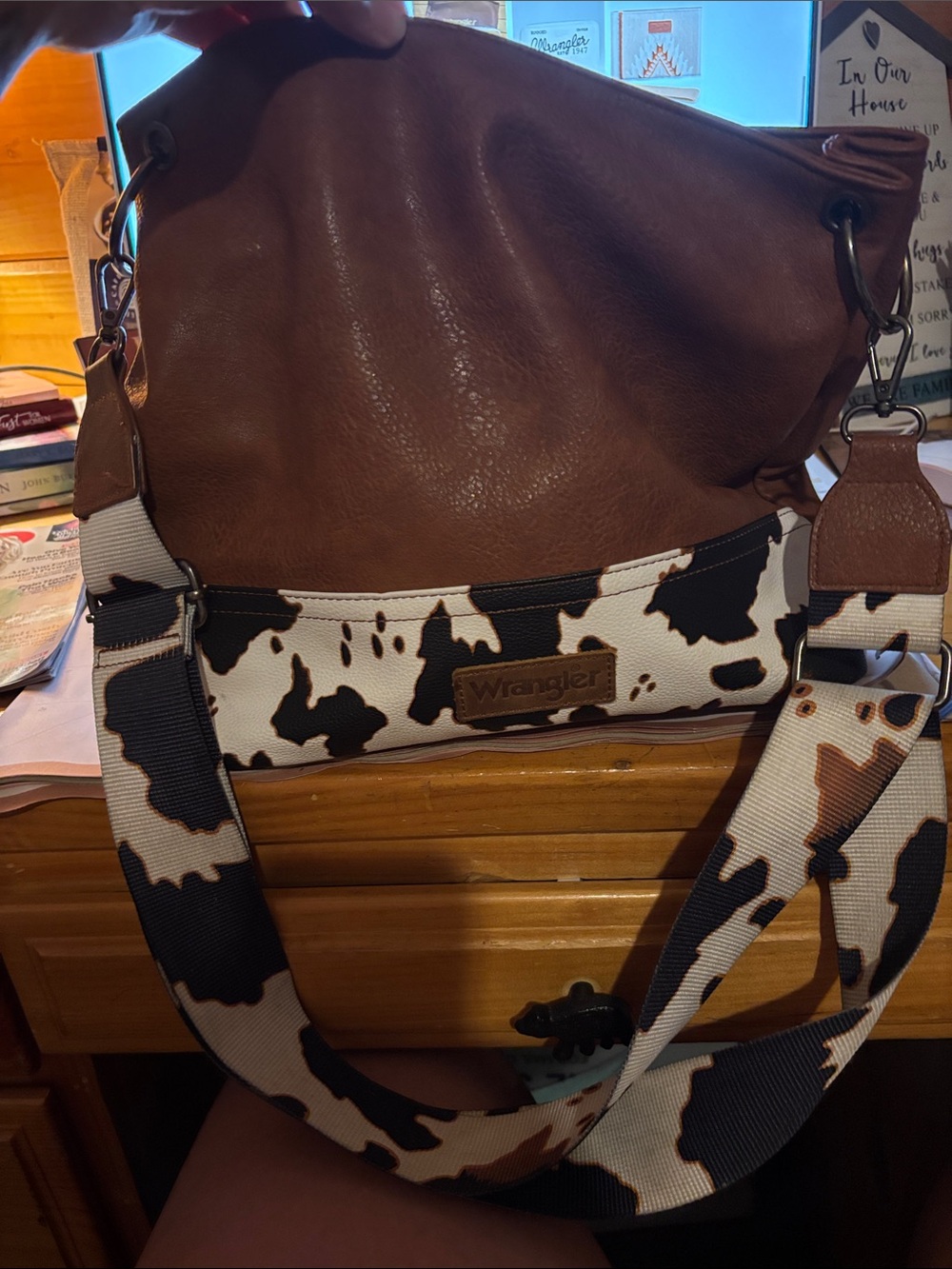 Wrangler Brown Leather and Cow Print Crossbody Bag
